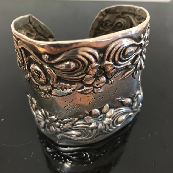 Floral Sterling Silver 925 Cuff Bracelet Antique Art Nouveau Spoon Ring Flowers - Picture 6 of 8